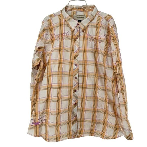 Bit Bridle Western Pearl Snap Shirt XXL Yellow Plaid Pink Embroidered Cowgirl - Picture 1 of 10